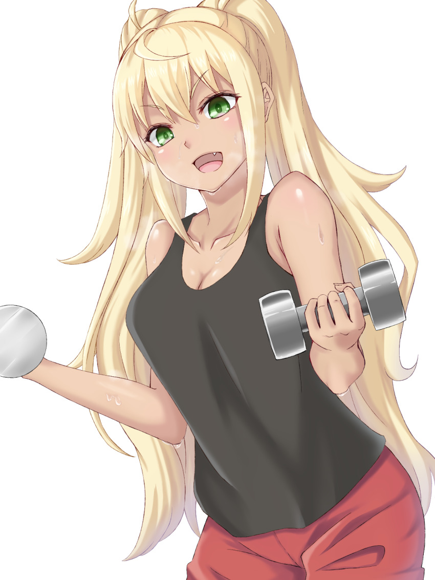 1girl :d ahoge bare_arms bare_shoulders black_shirt blonde_hair blush breasts breath bright_pupils cleavage collarbone commentary_request cowboy_shot dual_wielding dumbbell dumbbell_nan_kilo_moteru? exercising eyelashes fang green_eyes gym_uniform hair_between_eyes hands_up happy heikichi highres holding holding_dumbbell large_breasts long_hair looking_at_viewer open_mouth red_shorts sakura_hibiki shirt shorts sidelocks simple_background sleeveless sleeveless_shirt smile solo sweat tsurime twintails v-shaped_eyebrows very_long_hair white_background