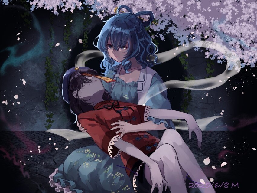 2girls black_ribbon black_skirt blue_dress blue_eyes blue_hair breasts cherry_blossoms chinese_clothes closed_mouth cobblestone commentary_request crossed_bangs dated dress drill_hair drill_sidelocks expressionless feet_out_of_frame hagoromo hair_between_eyes hair_ornament hair_over_eyes hair_rings hair_stick hat hat_ornament highres kaku_seiga lace-trimmed_sleeves lace_trim looking_at_another m_(neteitai10) medium_breasts medium_hair miyako_yoshika moss multiple_girls neck_ribbon newsboy_cap ofuda open_clothes open_vest purple_hair red_shirt ribbon shawl shirt short_hair short_sleeves sidelocks skirt star_(symbol) star_hat_ornament tangzhuang touhou vest white_vest
