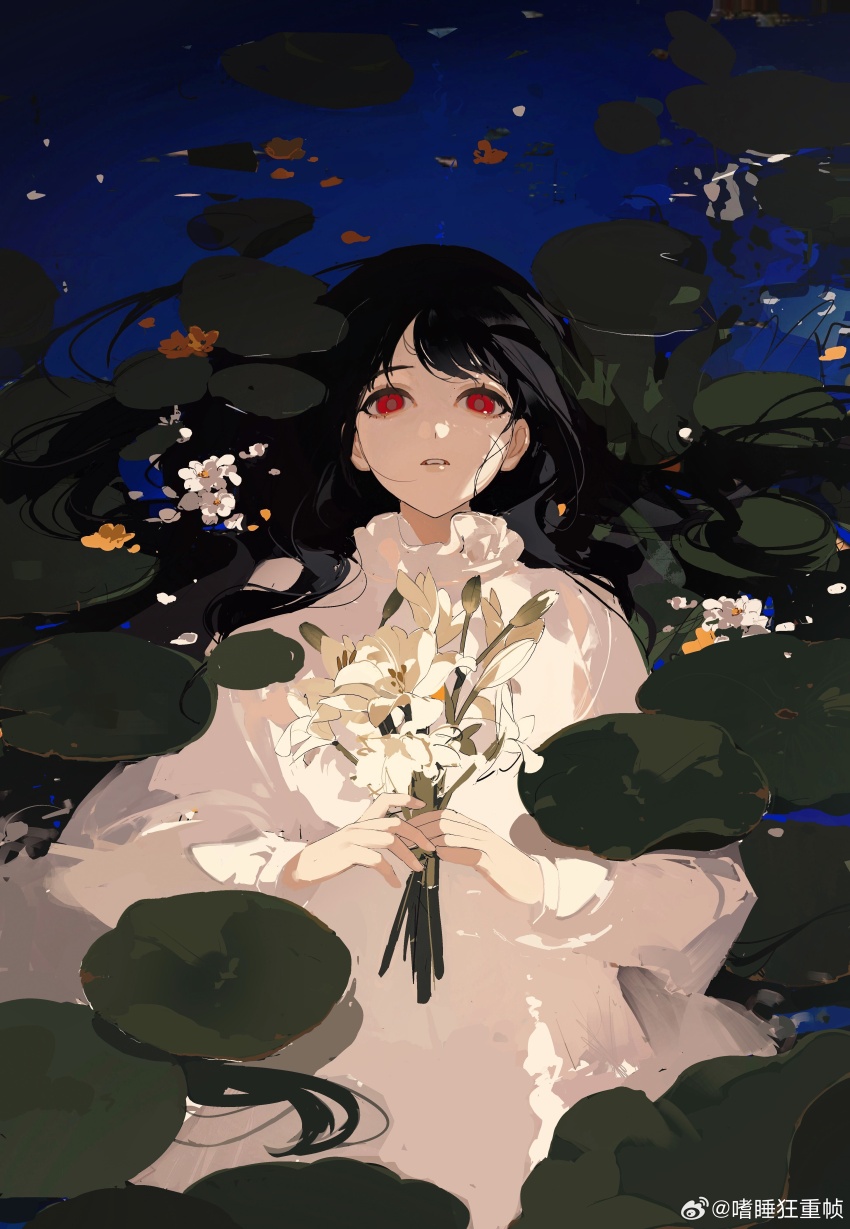 1girl absurdres afloat black_hair bright_pupils chongzhen_085 dark dress eyebrows_hidden_by_hair flower frills from_above hair_spread_out highres holding holding_flower leaf lily_(flower) lily_pad long_hair long_sleeves looking_at_viewer lying on_back open_mouth original outdoors parted_lips partially_submerged petals petals_on_liquid pond puffy_long_sleeves puffy_sleeves red_eyes ripples solo teeth upper_body very_long_hair water watermark weibo_username weibo_watermark wet white_dress white_flower yellow_flower