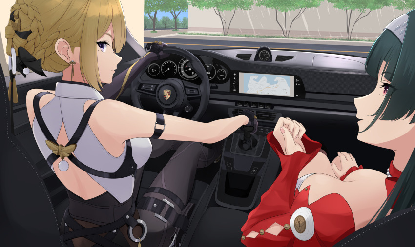 2girls arm_strap astra_yao black_gloves black_pants blonde_hair braid breasts car_interior car_seat chest_harness commentary_request day dress driving earrings elbow_gloves evelyn_chevalier fingernails gloves green_hair grey_hairband hairband harness high-waist_pants highres jewelry large_breasts left-hand_drive long_fingernails long_sleeves looking_at_another looking_at_viewer mole mole_under_eye multiple_girls nokonoko o-ring pants parted_lips porsche profile purple_eyes red_dress red_eyes ring_hair_ornament shirt sideways_glance single_elbow_glove steering_wheel thigh_strap tight_clothes tight_pants tree vehicle_interior white_shirt zenless_zone_zero