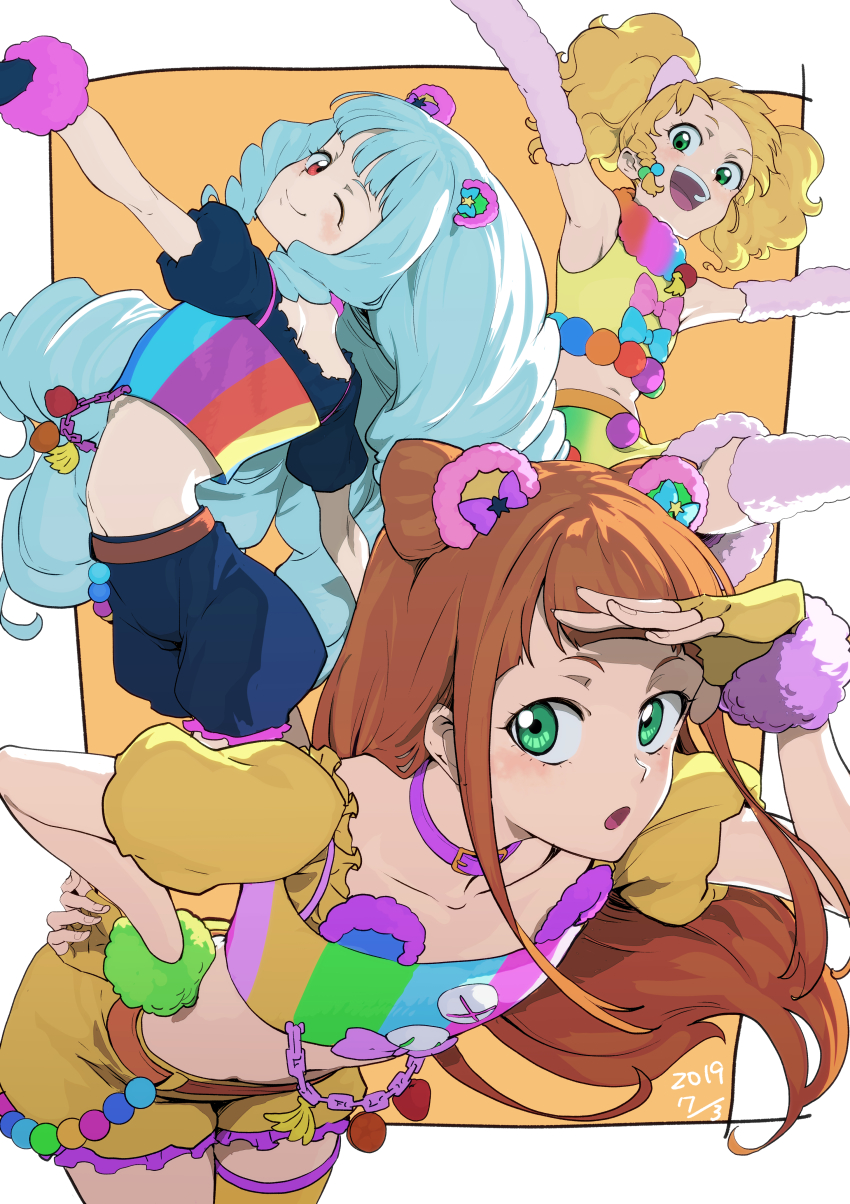 3girls :d :o ;) absurdres aikatsu! aikatsu!_(series) aikatsu_stars! animal_ears arm_up arm_warmers armpits arms_up bare_shoulders belt blonde_hair blunt_bangs blush border bow braid choker closed_mouth collar collarbone cone_hair_bun cowboy_shot crop_top dated detached_sleeves double_bun drill_hair fingerless_gloves flat_chest frills fur-trimmed_gloves fur_trim galbi_(iouytuuyio) gloves green_eyes hair_bun hair_ornament hand_on_own_hip hand_up highres idol jewelry leaning_forward long_hair looking_at_viewer midriff multicolored_clothes multicolored_shirt multiple_girls navel nikaido_yuzu one_eye_closed open_mouth orange_background orange_hair outside_border outstretched_arms pom_pom_(clothes) puffy_short_sleeves puffy_shorts puffy_sleeves red_eyes saotome_ako shading_eyes shirogane_lily shirt short_shorts short_sleeves shorts sidelocks simple_background skirt sleeveless smile spread_arms standing star_(symbol) star_hair_ornament stomach teeth thighhighs twintails upper_teeth_only very_long_hair white_border white_hair yellow_gloves yellow_shirt