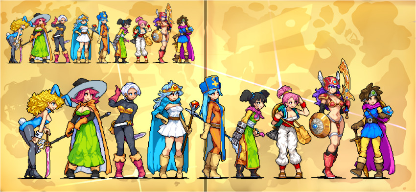 animal_ears aqua_hair armor bikini_armor black_hair blonde_hair blue_eyes blue_hair bodysuit boots breasts brown_hair cape circlet closed_mouth cross dark-skinned_female dark_skin dragon_quest dragon_quest_iii dress earrings elbow_gloves fake_animal_ears martial_artist_(dq3) gloves hat helmet gadabout_(dq3) jewelry long_hair mage_(dq3) medium_breasts merchant_(dq3) mitre multiple_girls navel necklace orange_bodysuit pantyhose pixel_art priest_(dq3) purple_hair rabbit_ears red_armor roto_(dq3) sage_(dq3) shield shirosu short_hair skin_tight smile warrior_(dq3) square_enix staff sword tabard thief_(dq3) weapon white_hair winged_helmet