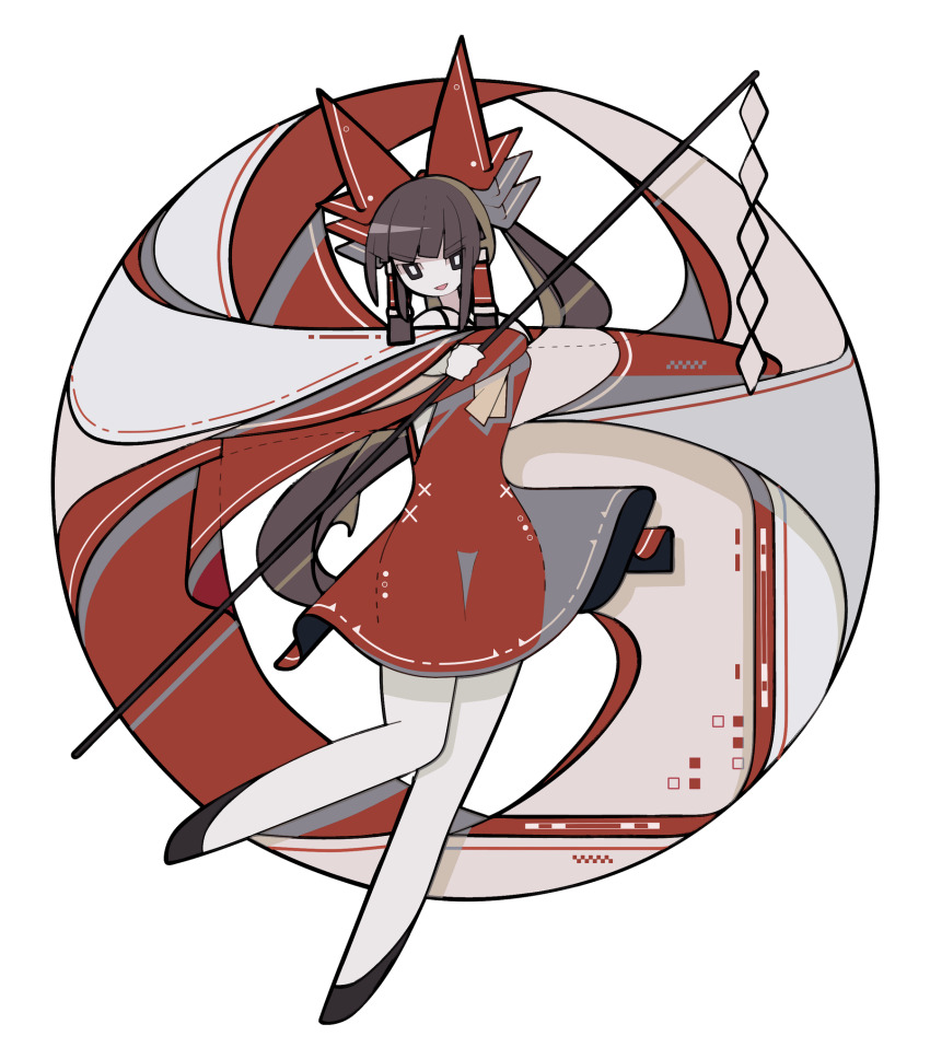 1girl adapted_costume black_shoes bow brown_hair dress gohei hair_bow hakurei_reimu harano_kaguyama highres holding holding_gohei long_hair long_sleeves looking_at_another red_bow red_dress see-through_silhouette shoes short_dress solo thigh_gap touhou wide_sleeves