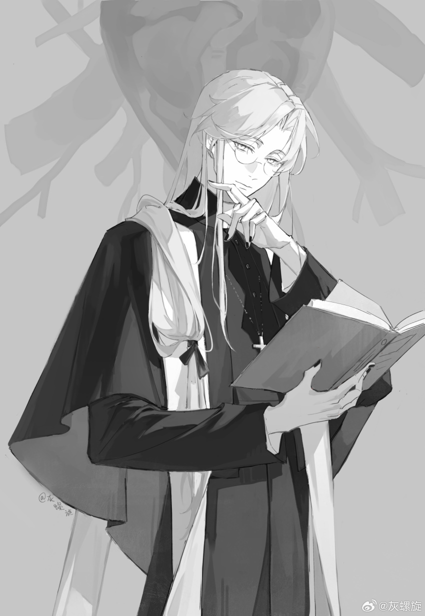 1boy absurdres becoming_a_god_in_the_zerg_world_by_livestreaming_bl_novels bible_(object) black_nails cassock clerical_collar cross cross_necklace gabriel_belin glasses highres jewelry long_hair looking_at_viewer low-tied_long_hair male_focus necklace parted_bangs priest weibo_6739914033 white_hair