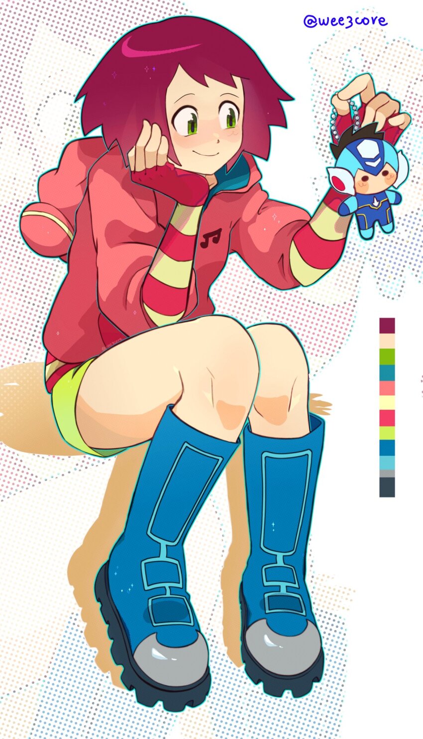 1girl blue_boots boots character_doll closed_mouth commentary doll english_commentary fingerless_gloves geo_stelar_(mega_man) gloves green_eyes green_shorts highres holding holding_doll hood hood_down hoodie mega_man_(series) mega_man_star_force_(series) pink_hair pink_hoodie shorts sitting smile solo sonia_strumm_(mega_man) star_force_mega_man twitter_username weezcore