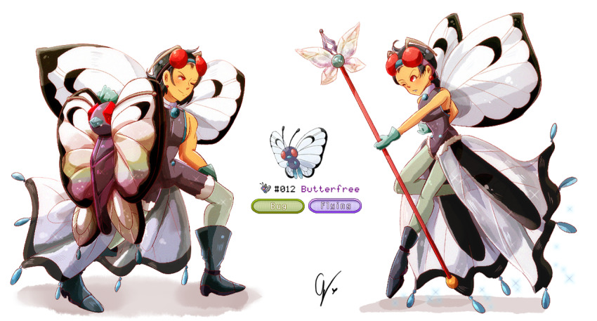 2girls black_hair blue_gloves boots butterfly_wings butterfree endifi fur-trimmed_leotard fur_trim gen_1_pokemon gloves goggles goggles_on_head grey_pantyhose holding holding_shield holding_staff insect_wings jumpsuit leotard multiple_girls nintendo one_eye_closed pantyhose personification pokemon pokemon_(creature) purple_jumpsuit purple_leotard red_eyes reference_inset shield simple_background staff white_background wings