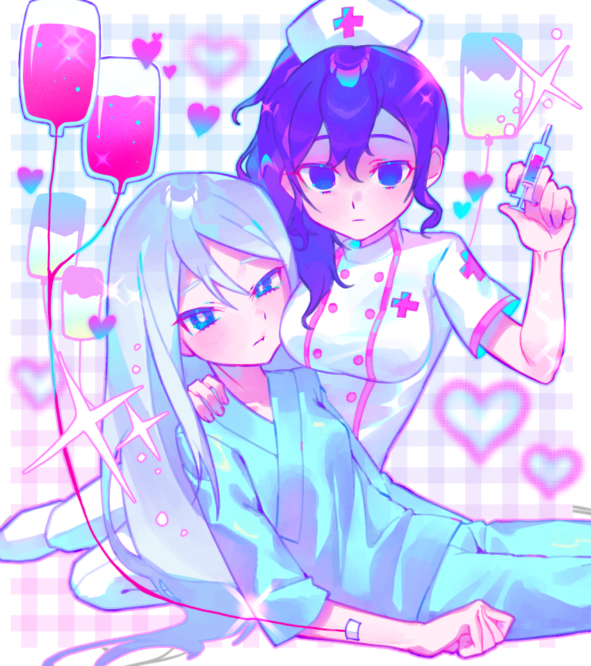 2girls absurdres aqua_pants aqua_shirt asahina_mafuyu blue_eyes breasts buttons cheek-to-breast closed_mouth commentary dress empty_eyes expressionless grey_hair hat highres holding holding_syringe intravenous_drip iro_(mywife_sunny) long_hair medium_breasts multiple_girls nurse nurse_cap pants project_sekai purple_hair shirt shoes short_sleeves side_ponytail small_breasts syringe tsurime white_dress white_shoes yoisaki_kanade