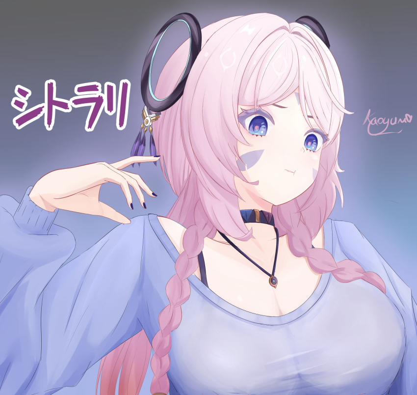 1girl :t alternate_costume black_choker black_nails blue_eyes blue_sweater bra_strap breasts choker citlali_(genshin_impact) cleavage commentary english_commentary facial_mark forehead_mark genshin_impact hand_up highres jewelry kaoyumw large_breasts long_hair long_sleeves nail_polish necklace pink_hair ring_hair_ornament solo sweater translated upper_body very_long_hair