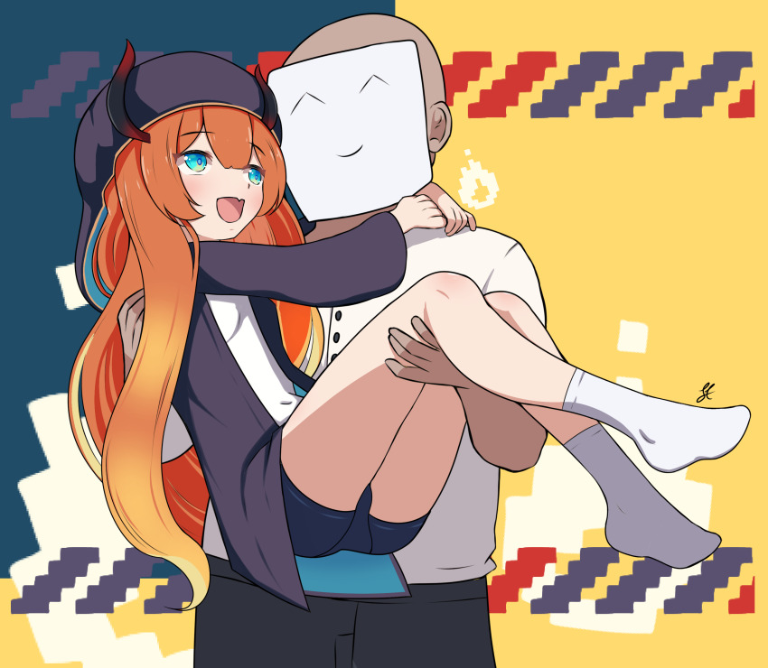 1boy 1girl absurdres bald carrying commission faceless faceless_male highres hood hoodie long_hair looking_at_another miki_hitsugi multicolored_hair open_mouth orange_hair pants shorts simple_background smile socks specialite_en virtual_youtuber white_socks zhychrome14