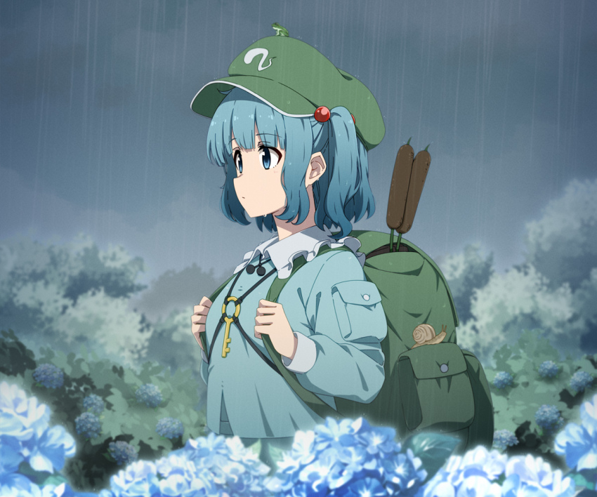 1girl backpack bag blue_eyes blue_hair blue_shirt expressionless flower frog green_bag green_hat hat hydrangea kawashiro_nitori necono_(nekonosora1207) outdoors overcast rain shirt sky snail solo touhou two_side_up upper_body