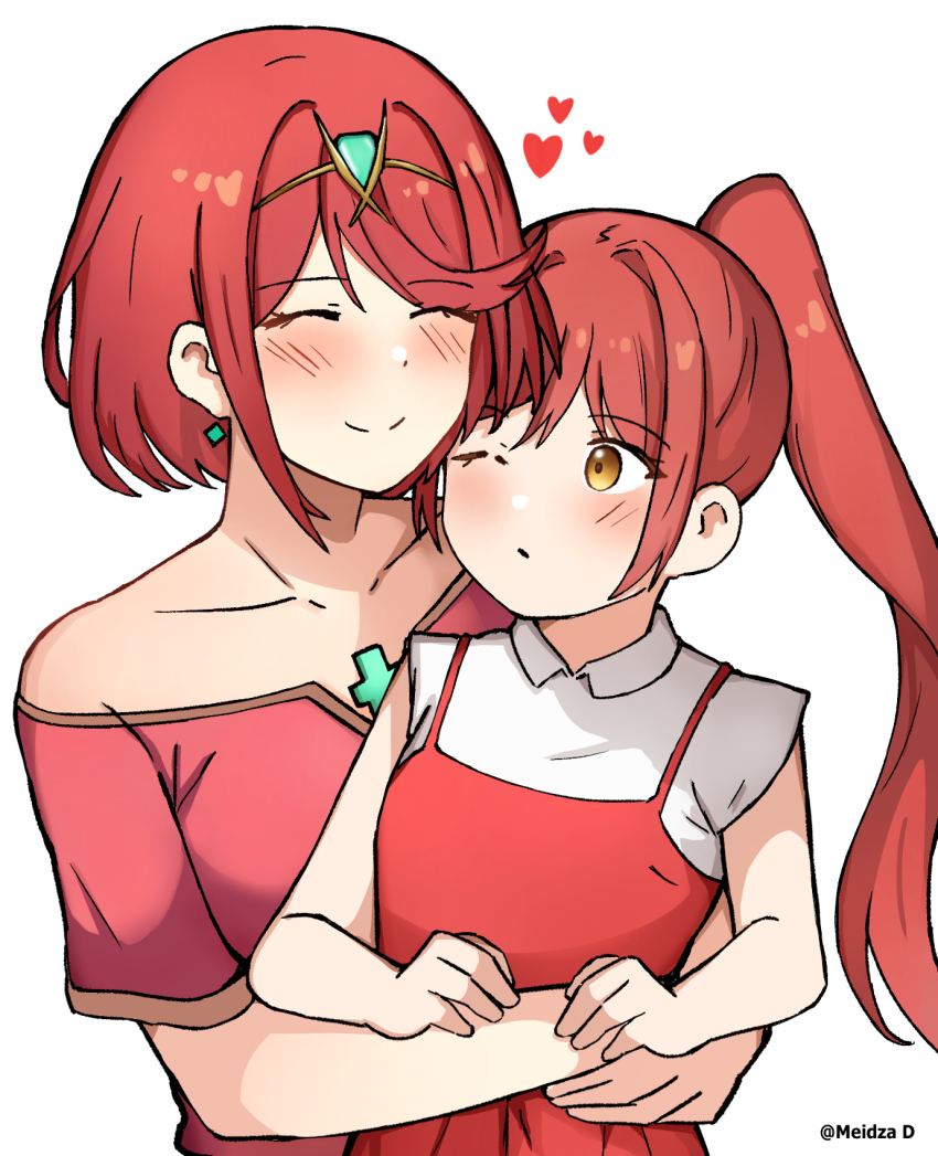 2girls aged_down artist_name baby bare_shoulders bob_cut breasts carrying carrying_baby carrying_person chest_jewel collarbone core_crystal_(xenoblade) dress earrings flipped_bangs floating_earrings glimmer_(xenoblade) high_ponytail highres jewelry large_breasts long_hair meidza_d mother_and_daughter multiple_girls off-shoulder_dress off_shoulder one_eye_closed overalls ponytail pyra_(xenoblade) red_dress red_eyes red_hair red_overalls shirt short_dress short_hair short_sleeves smile swept_bangs tiara twitter_username white_shirt xenoblade_chronicles_(series) xenoblade_chronicles_3