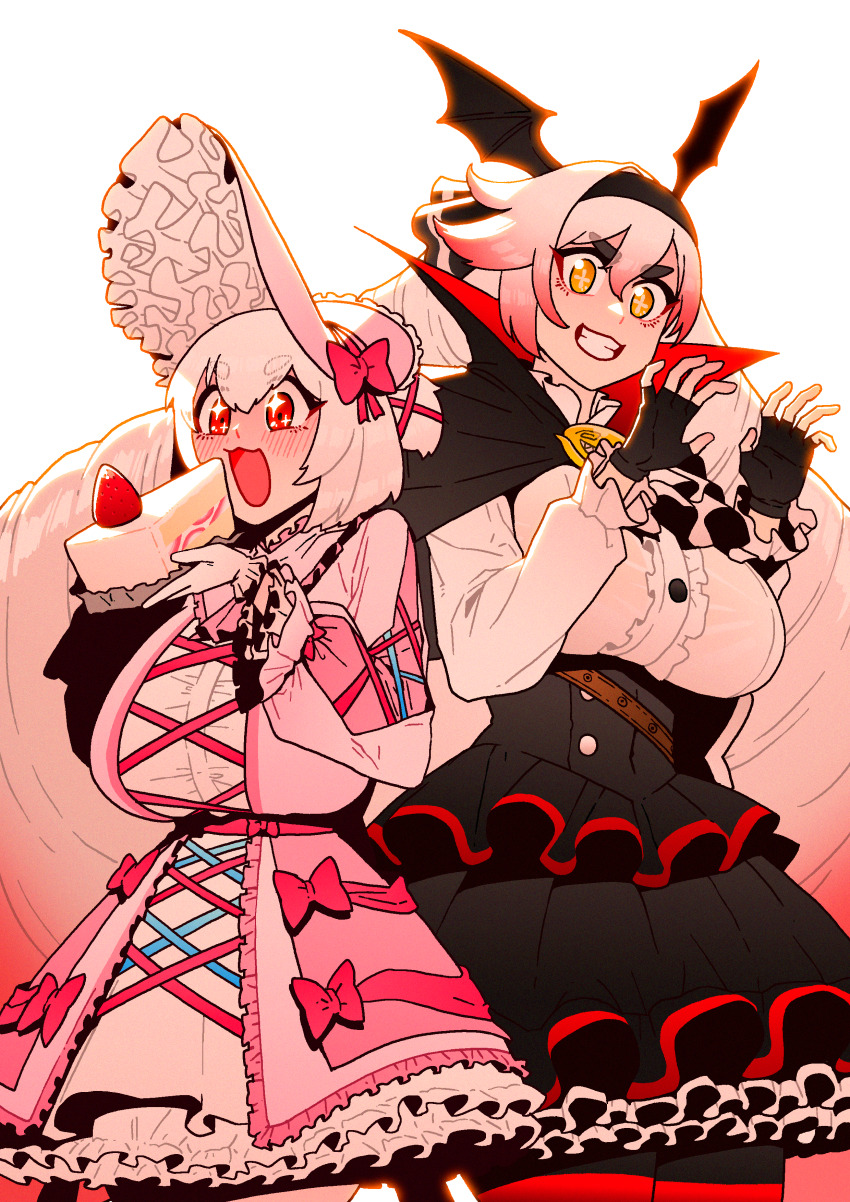 2girls absurdres alvis_(last_origin) ascot bonnet breasts cake cape cosplay costume_switch cross-shaped_pupils dc_(makezzal) fingerless_gloves food frilled_bonnet frilled_skirt frills fruit gloves gradient_hair headband highres huge_breasts large_breasts last_origin long_hair long_sleeves low_twintails multicolored_hair multiple_girls official_alternate_costume red_eyes red_hair rhode_(last_origin) ribbon ringlets simple_background skirt strawberry symbol-shaped_pupils thick_eyebrows twinkle_eye twintails vampire_costume very_long_hair white_hair yellow_eyes