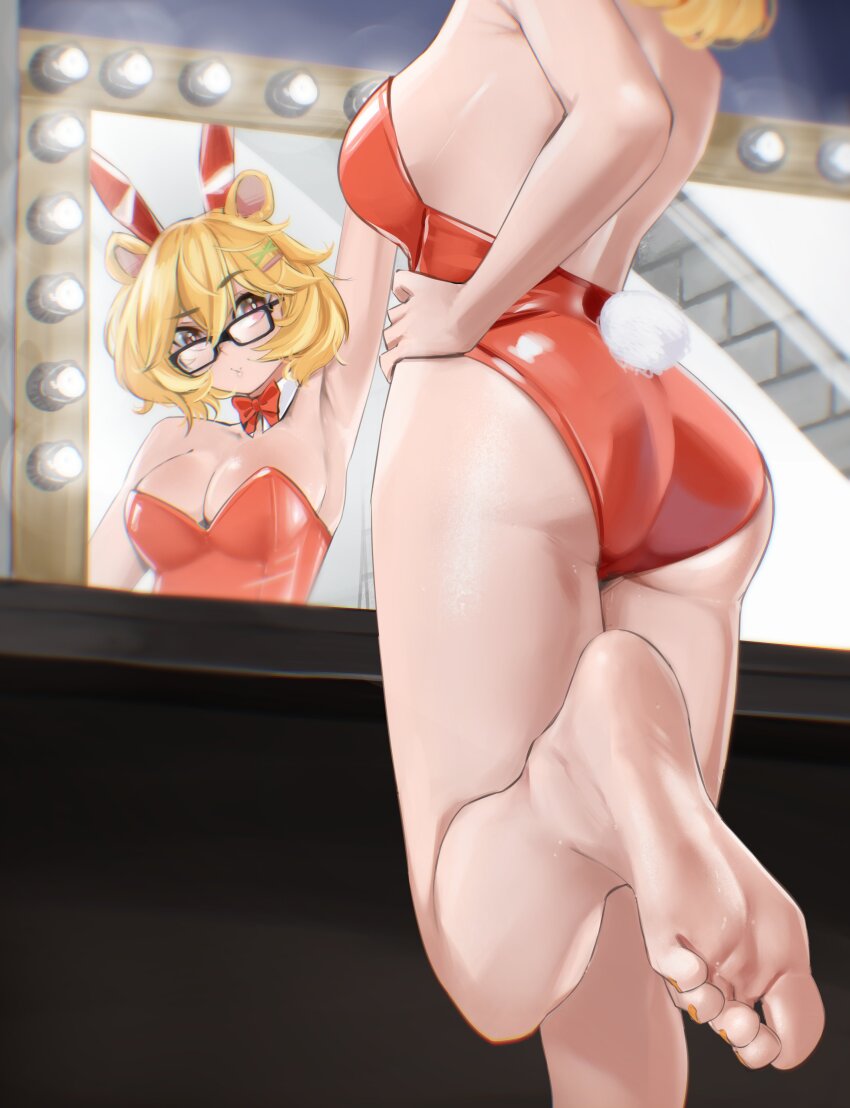 1girl absurdres animal_ears ass barefoot blonde_hair breasts eimi_isami feet glasses hand_on_own_hip highres large_breasts leotard light_blush looking_at_mirror medium_hair mirror parted_lips phase_connect playboy_bunny pupi_(rain_prophet) red_eyes soles toes virtual_youtuber