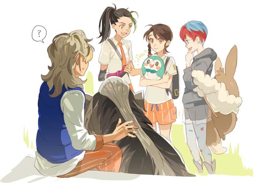 1boy 3girls ? alternate_color arven_(pokemon) backpack bag black_bag blue_hair blue_vest braid brown_bag brown_eyes brown_hair ch_walnut closed_mouth collared_shirt commentary_request fingerless_gloves gen_7_pokemon glasses gloves green_hair hand_up highres holding holding_pokemon hood hood_down hoodie juliana_(pokemon) korean_commentary long_hair mabosstiff multicolored_hair multiple_girls necktie nemona_(pokemon) nintendo orange_necktie orange_pants orange_shorts pants pantyhose penny_(pokemon) pokemon pokemon_(creature) pokemon_sv ponytail red_hair rowlet see-through_clothes see-through_skirt shiny_pokemon shirt short_hair shorts shorts_under_skirt single_glove sitting skirt smile spoken_question_mark sweatdrop two-tone_hair vest white_shirt