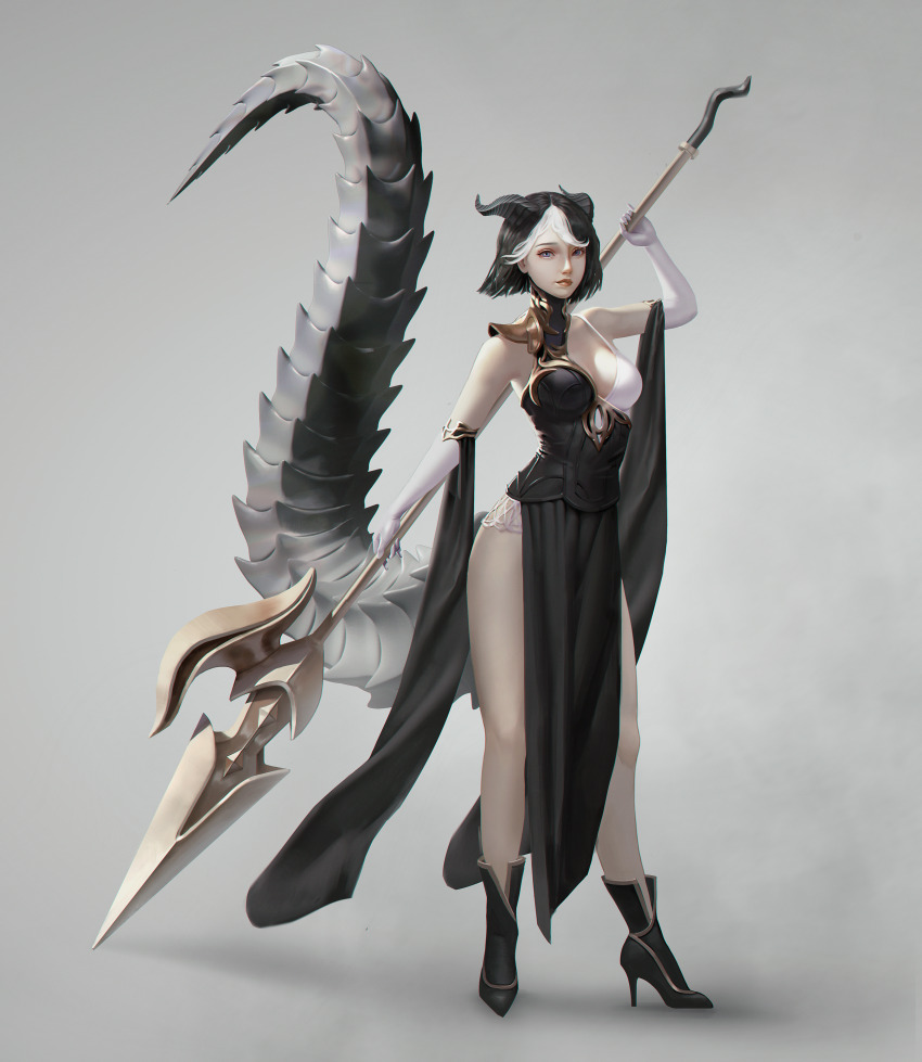 1girl absurdres armor black_dress black_footwear black_hair black_horns breasts colored_skin commentary dragon_tail dress english_commentary fantasy gloves gold_trim gradient_background grey_background grey_scales highres holding holding_polearm holding_weapon horns medium_breasts monster_girl multicolored_hair multicolored_skin olesyaspitz original polearm shadow shoulder_armor side_slit solo spear tail two-tone_dress two-tone_hair two-tone_skin weapon white_dress white_gloves white_hair