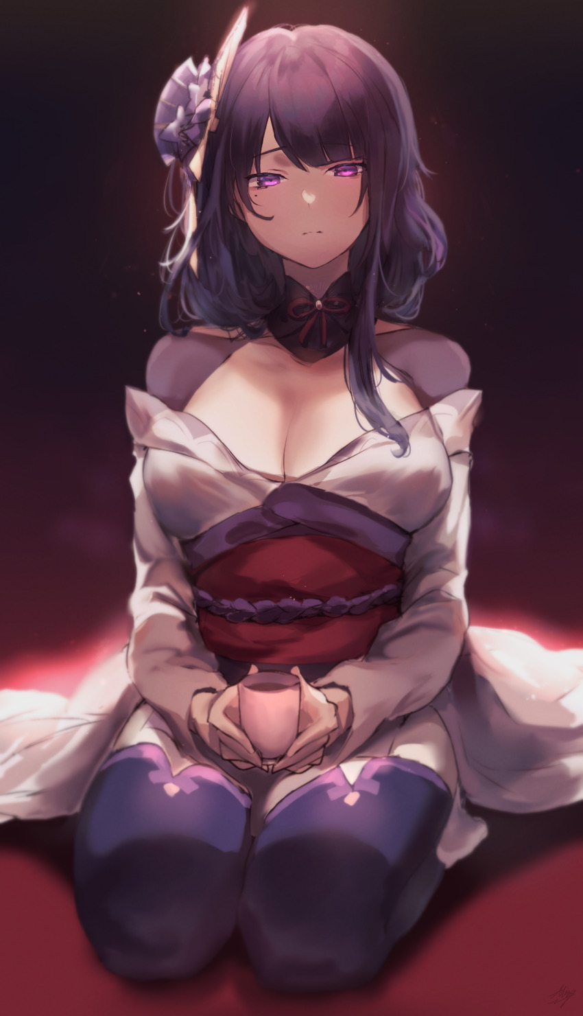 1girl absurdres allze braid breasts bridal_gauntlets choker cleavage commentary cup english_commentary flower full_body genshin_impact hair_flower hair_ornament head_tilt highres holding holding_cup japanese_clothes kimono large_breasts long_sleeves looking_at_viewer low-braided_long_hair low-tied_long_hair messy_hair mitsudomoe_(shape) mole mole_under_eye obi obiage obijime purple_eyes purple_flower purple_hair purple_kimono purple_thighhighs raiden_shogun red_background red_ribbon ribbon ribbon_choker sash seiza shrug_(clothing) signature sitting solo thighhighs tomoe_(symbol) wide_sleeves