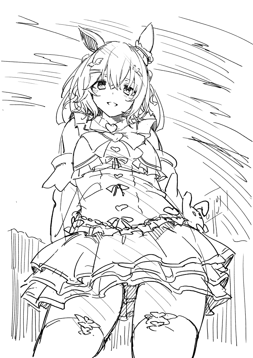 1girl absurdres animal_ears aston_machan_(everlasting_candy)_(umamusume) aston_machan_(umamusume) bow commentary_request greyscale hair_between_eyes heart highres horse_ears looking_at_viewer monochrome mukouhara_shiryuu pleated_skirt shirt skirt sleeveless sleeveless_shirt smile solo standing thighhighs umamusume white_background