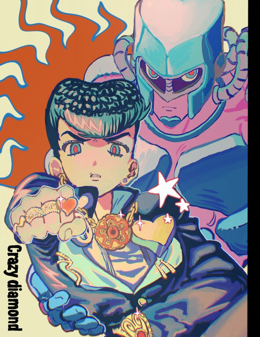 1boy arm_around_waist black_coat black_hair clenched_hand closed_mouth coat collared_coat colored_skin commentary crazy_diamond cropped_torso diamond_wa_kudakenai earrings english_text eyelashes hashtag-only_commentary heart higashikata_josuke highres jewelry jojo_no_kimyou_na_bouken lapels long_sleeves looking_at_viewer male_focus multicolored_eyes multiple_boys multiple_rings necklace open_collar outstretched_arm parted_lips piercing pink_skin pompadour ring sideburns sparkle stand_(jojo) star_(symbol) stud_earrings tami_tome_mo