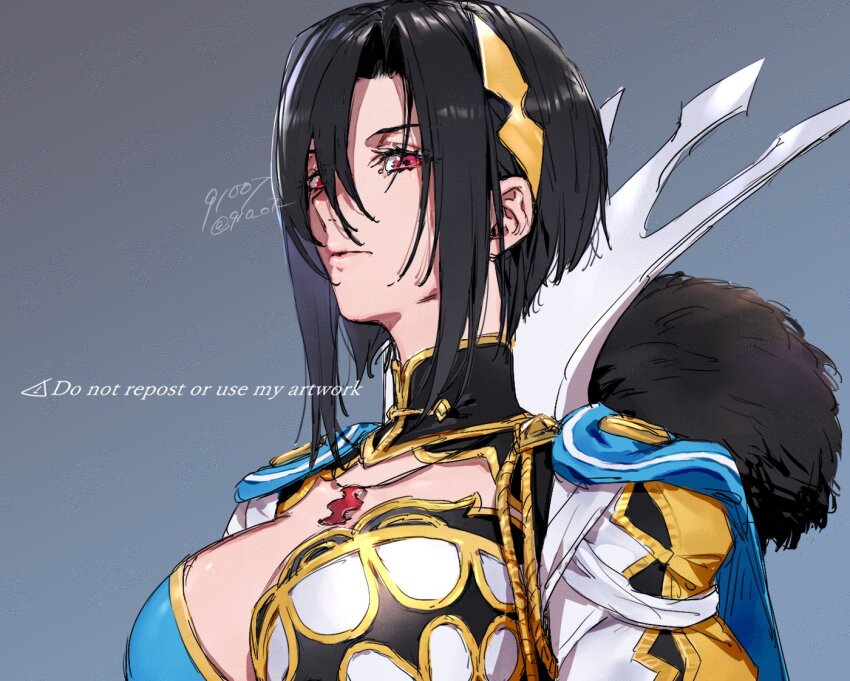 1girl 91007 asymmetrical_bangs asymmetrical_clothes black_hair breasts cleavage closed_mouth fire_emblem fire_emblem_engage fur_trim hair_between_eyes hair_ornament jewelry large_breasts long_sleeves necklace nel_(fire_emblem) nintendo red_eyes short_hair solo upper_body