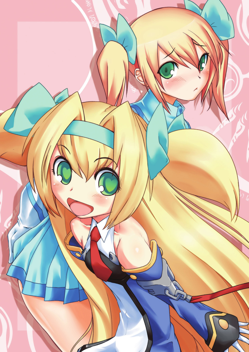 2girls absurdres bare_shoulders blazblue blonde_hair cosplay green_eyes hairband heart heart-shaped_pupils highres multiple_girls noel_vermillion noel_vermillion_(cosplay) non-web_source official_art open_mouth platinum_the_trinity platinum_the_trinity_(cosplay) symbol-shaped_pupils twintails two_side_up