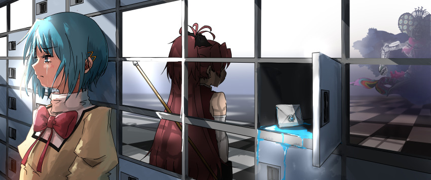 2girls absurdres blue_eyes blue_hair bow bowtie highres letter locker magical_girl mahou_shoujo_madoka_magica medium_hair miki_sayaka mitakihara_school_uniform multiple_girls oktavia_von_seckendorff ponytail red_bow red_bowtie sakura_kyoko sakura_kyoko_(magical_girl) school_uniform takeraka tearing_up witch_(madoka_magica)