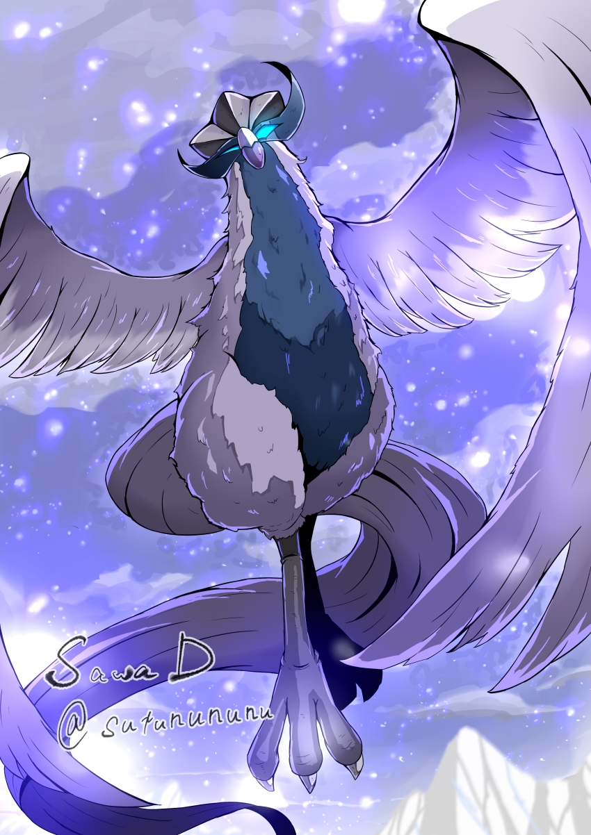 absurdres beak bird blue_eyes galarian_articuno galarian_form gen_8_pokemon grey_feathers grey_wings highres legendary_pokemon midair nintendo no_humans pokemon pokemon_(creature) pokemon_focus sawa_d solo talons wings