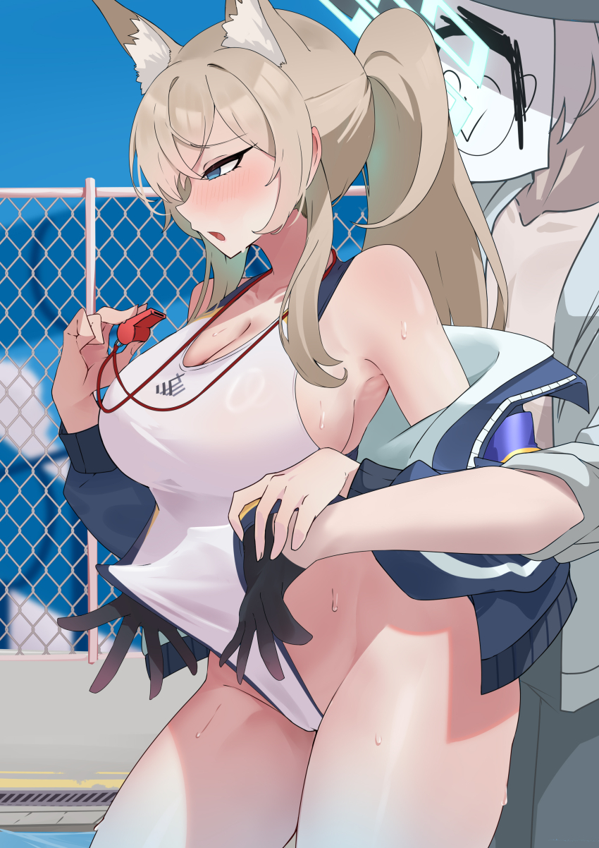 1boy 1girl absurdres animal_ears billmors blonde_hair blue_archive blue_eyes blush breasts cleavage competition_swimsuit contrapposto dog_ears dog_girl doodle_sensei_(blue_archive) frontal_wedgie giving_wedgie highres kanna_(blue_archive) kanna_(swimsuit)_(blue_archive) large_breasts one-piece_swimsuit ponytail pulling_another&#039;s_clothes sensei_(blue_archive) sideboob solo_focus standing swimsuit wedgie whistle