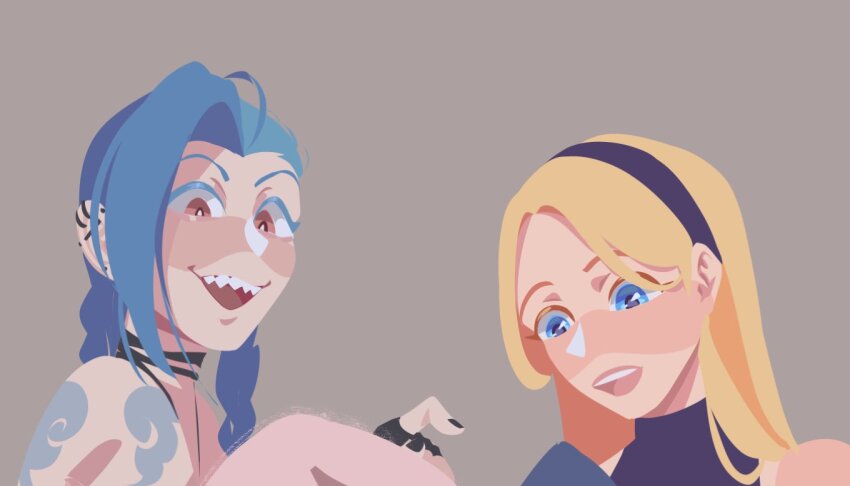 2girls arm_tattoo black_nails blonde_hair blue_eyes blue_hair ear_piercing fingerless_gloves gloves happy jinx_(league_of_legends) league_of_legends long_hair lux_(league_of_legends) multiple_girls open_mouth piercing pink_eyes sharp_teeth soap_ai tattoo teeth