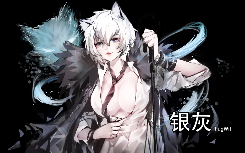 1girl absurdres animal_ears arknights artist_name black_background black_cloak black_necktie breasts cane cleavage cloak collared_shirt fur-trimmed_cloak fur_trim genderswap genderswap_(mtf) grey_eyes hair_between_eyes highres holding holding_cane large_breasts leopard_ears lips looking_at_viewer necktie open_clothes open_shirt pugwit shirt short_hair silverash_(arknights) silverash_(elite_ii)_(arknights) simple_background sketch solo white_hair white_shirt