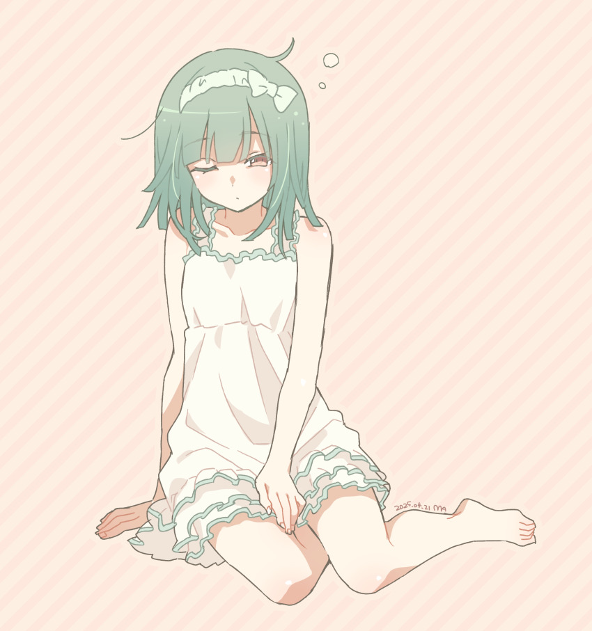 1girl absurdres barefoot bow_hairband commentary_request dress green_hair hairband half-closed_eye highres manimani_(mani_ma) monogatari_(series) one_eye_closed orange_eyes sengoku_nadeko sengoku_nadeko_(sundress) short_hair sitting solo squeans straight_hair striped_background sundress white_dress yokozuwari