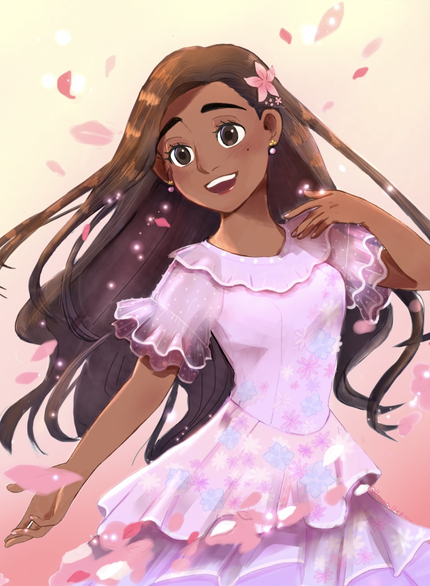 1girl absurdres dark-skinned_female dark_skin dragonfu dress earrings encanto flower hair_flower hair_ornament happy highres isabela_madrigal jewelry long_hair mole mole_under_eye open_mouth petals pink_dress smile solo