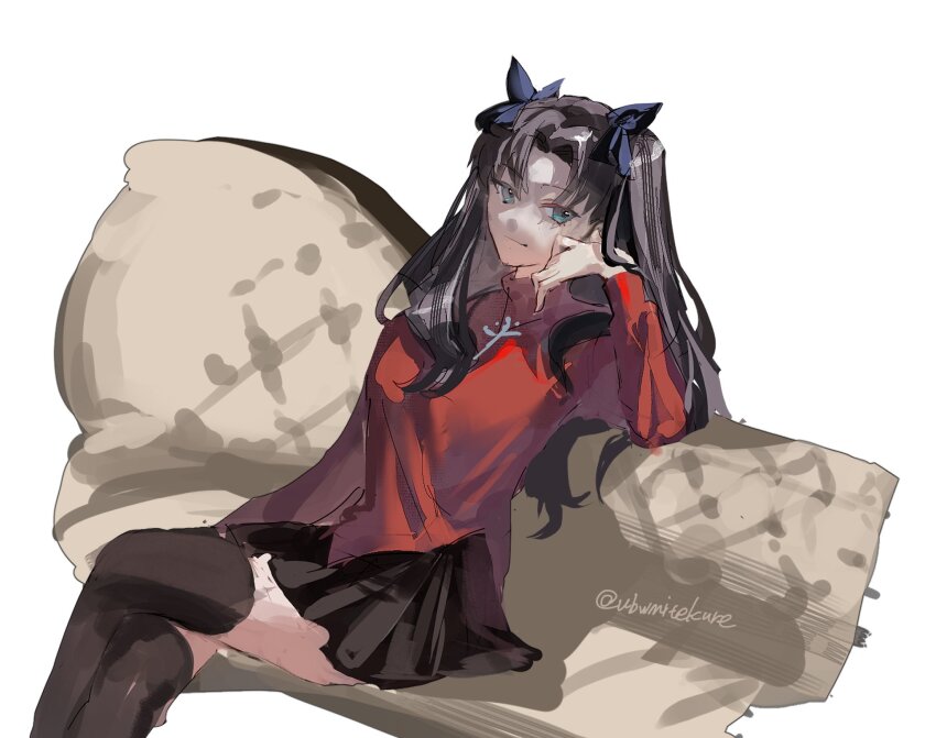 1girl black_hair black_skirt fate/stay_night fate_(series) green_eyes hand_on_own_cheek hand_on_own_face highres looking_at_viewer miniskirt red_shirt shirt simple_background sitting skirt thighhighs tohsaka_rin twintails ubwmitekure white_background zettai_ryouiki