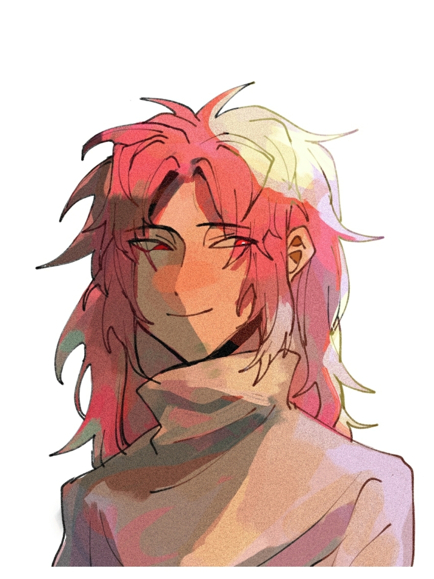 1boy beiquqian chinese_commentary closed_mouth commentary_request cropped_torso curtained_hair eyes_visible_through_hair film_grain hatsutori_hajime high_collar highres long_hair male_focus parted_bangs pink_hair red_eyes saibou_shinkyoku shirt simple_background smile solo upper_body variant_set white_background white_shirt