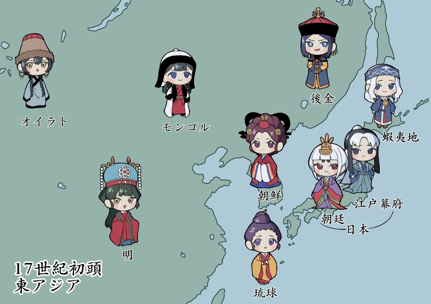 6+girls ainu ainu_clothes beizi_(clothing) chibi chinese_clothes deel green_hair hair_bun hair_ornament hair_stick hanfu highres historical_event japan japanese_clothes korean_clothes kuroussa long_hair manchu_clothes map ming_dynasty mongolian_clothes multiple_girls original personification qing_dynasty robe ryuukyuu_kingdom white_hair