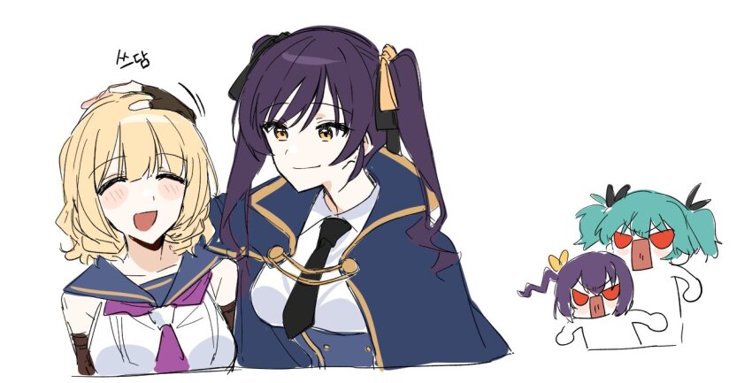 4girls :d ^_^ angry aqua_hair arm_up arms_at_sides assault_lily black_gloves black_necktie black_ribbon blonde_hair blue_cloak blue_sailor_collar blue_shirt blush breasts chibi chibi_inset cloak closed_eyes closed_mouth collared_shirt commentary_request cropped_torso danji_bang detached_sleeves fingerless_gloves gloves hair_between_eyes hair_ribbon hand_on_another&#039;s_head headpat hishida_haru imamura_yukari_(assault_lily) jealous kawanabe_nazuna korean_commentary korean_text long_hair looking_at_another medium_breasts motion_lines multiple_girls neckerchief necktie odaiba_girls_high_school_uniform open_mouth purple_hair purple_neckerchief red_eyes ribbon sailor_collar school_uniform serafuku shirt short_hair side_ponytail simple_background sketch smile solid_eyes suzuki_chinami translation_request twintails two-tone_shirt upper_body v-shaped_eyebrows white_background white_shirt yellow_eyes yellow_ribbon