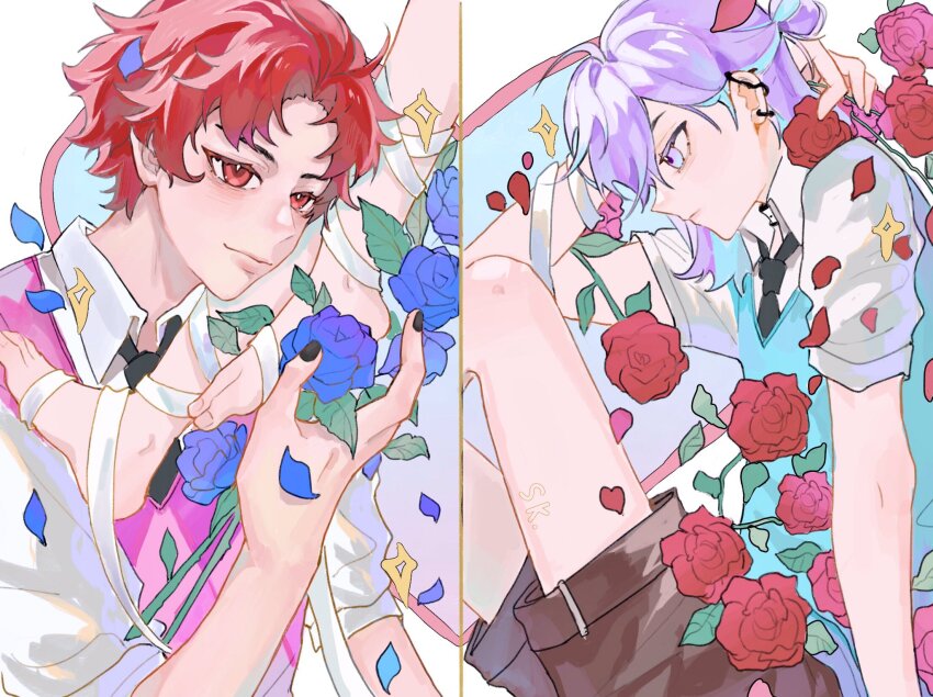2boys aqua_hair black_necktie blue_flower blue_rose blue_sweater_vest closed_mouth flower highres jinwen_huang looking_at_viewer male_focus medium_hair multicolored_hair multiple_boys necktie paradox_live pink_sweater purple_eyes purple_hair red_eyes red_flower red_hair red_rose rose shirt short_hair sugasano_allen sweater sweater_vest white_background white_shirt yatonokami_kanata