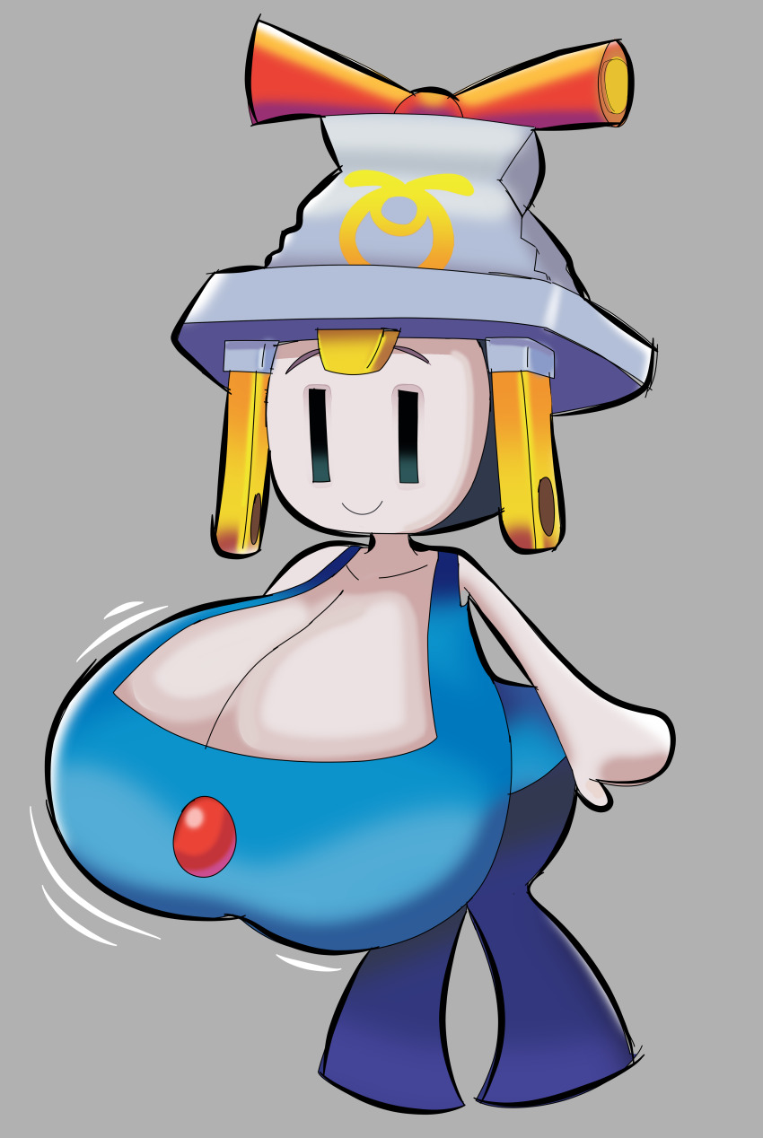 1girl absurdres alternate_breast_size_(larger) bare_shoulders blue_pants blue_shirt breasts cleavage closed_mouth connie_(mario) gigantic_breasts grey_background grey_hat hat highres mario_&amp;_luigi:brothership mario_&amp;_luigi_rpg mario_(series) motion_lines nintendo pants shirt simple_background sleeveless sleeves_past_wrists smile solo yelladrill