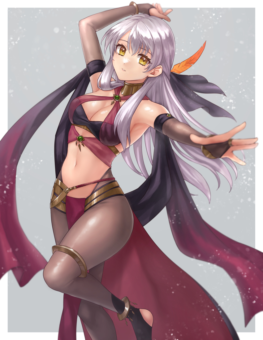 1girl absurdres alternate_costume anklet arm_up bandeau bracelet breasts cleavage commentary_request commission cosplay criss-cross_halter dancer dorothea_arnault dorothea_arnault_(cosplay) dorothea_arnault_(plegian) dorothea_arnault_(plegian)_(cosplay) elbow_gloves feather_hair_ornament feathers fingerless_gloves fire_emblem fire_emblem:_radiant_dawn fire_emblem_heroes gloves grey_background grey_gloves grey_hair grey_pantyhose hair_ornament halterneck hazuki_(nyorosuke) highres jewelry long_hair looking_at_viewer medium_breasts micaiah_(fire_emblem) midriff navel nintendo outside_border pantyhose parted_lips revision shawl simple_background skeb_commission solo standing stomach thighlet thighs toeless_legwear yellow_eyes