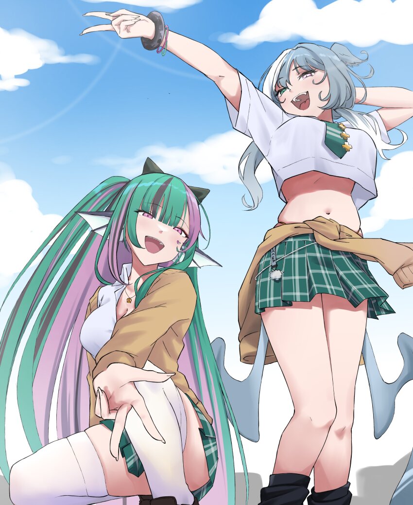 2girls :d absurdres aqua_eyes black_hair blue_hair blue_sky blunt_bangs bracelet breasts cleavage clothes_around_waist commentary derivative_work elira_pendora english_commentary facial_mark finana_ryugu fins green_hair gyaru gyaru_w head_fins head_wings heart heart_facial_mark highres jewelry large_breasts lazulight long_hair looking_at_viewer loose_socks low_wings midriff momojii_e multicolored_hair multiple_girls navel necklace nijisanji nijisanji_en open_mouth plaid_clothes plaid_skirt pleated_skirt purple_eyes purple_hair school_uniform skirt sky smile socks streaked_hair sweater sweater_around_waist thighhighs v very_long_hair virtual_youtuber white_hair white_thighhighs wings