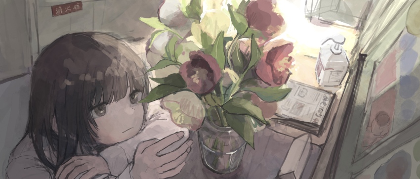 1girl 62_retas absurdres black_hair closed_mouth commentary_request flower head_rest hellebore highres indoors long_sleeves looking_at_flowers original soap_dispenser solo sunlight vase