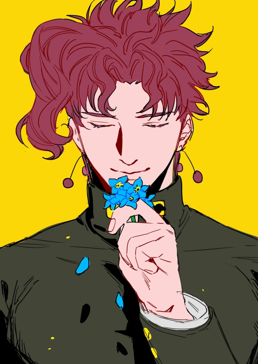 1boy asymmetrical_bangs blue_flower cherry_earrings closed_eyes curtained_hair earrings flower flower_to_mouth food-themed_earrings food_themed_earrings forget-me-not_(flower) gakuran hand_up highres holding holding_flower jewelry jojo_no_kimyou_na_bouken kakyoin_noriaki lighthouse_(lt_yummy) male_focus petals red_hair school_uniform short_hair smile solo stardust_crusaders straight-on yellow_background