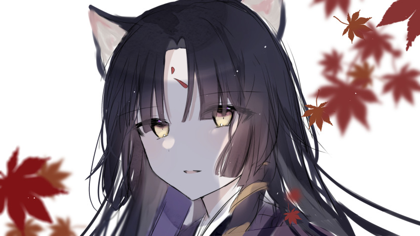 1girl animal_ears arknights autumn_leaves black_hair blurry commentary eyes_visible_through_hair facial_mark falling_leaves forehead_mark hair_intakes highres leaf light_smile looking_at_viewer mai_(ayamai2017) parted_bangs parted_lips portrait saga_(arknights) sketch white_background yellow_eyes
