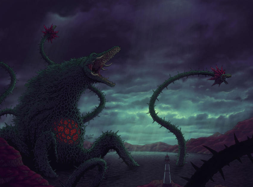 biollante bioluminescence cloudy flower glowing godzilla_(series) godzilla_vs._biollante kaiju lake lake_ashi lake_monster lighthouse overcast plant real_world_location rose sky ty_scott vines water
