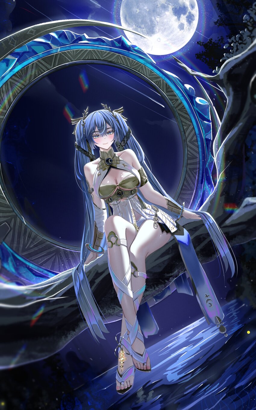 1girl absurdres ancient_greek_clothes armlet bare_shoulders blue_eyes blue_hair blush breasts cleavage closed_mouth commentary crossed_legs dutch_angle full_body full_moon gold_bra greco-roman_clothes highres iuno_(wuthering_waves) jewelry laurel_crown long_hair looking_at_viewer medium_breasts moon night night_sky on_branch outdoors sandals shiraitoart983 sitting sitting_on_branch sky smile solo tacet_mark_(wuthering_waves) thighs twintails vambraces very_long_hair wuthering_waves