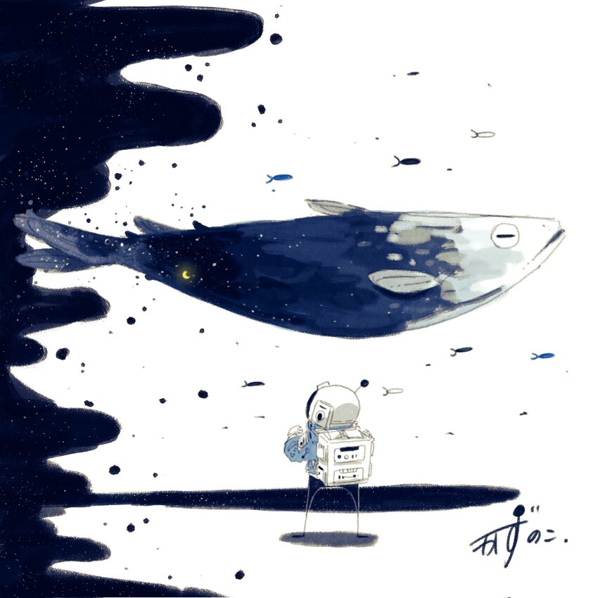 1other animal_focus arowana artist_name backpack bag closed_mouth commentary crescent_moon fish flying_fish helmet highres kazunoko_(kazunoko_zunoco) looking_at_animal moon night night_sky original parted_lips radio_antenna shadow signature sky space_helmet standing star_(sky) starry_sky white_background