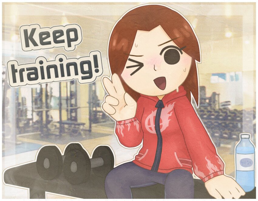 &gt;_o 1girl ;d black_eyes black_pants blush bottle brown_hair chibi dumbbell english_text exercising gym hair_ornament hairclip hand_up highres hood hood_down hoodie jacket long_sleeves looking_at_viewer medium_hair mii_(nintendo) mii_gunner mii_gunner_(smash_4) nintendo one_eye_closed open_mouth pants parted_bangs red_hoodie red_jacket sitting smile solo sweat v water_bottle zorrpu