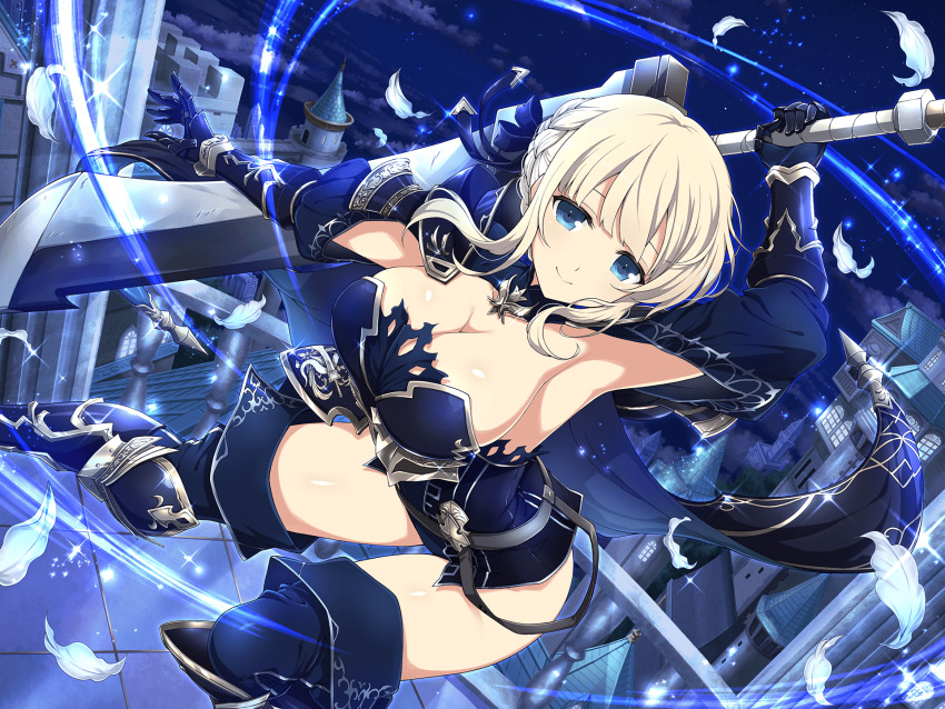1girl arm_guards armor armored_boots armored_dress armpits battlement belt blonde_hair blue_armor blue_boots blue_bow blue_eyes blunt_bangs body_blush boots bow breastplate breasts cape castle cleavage closed_mouth dark_knight dress energy european_architecture falling_petals faulds gauntlets greatsword greaves hair_bow highres holding holding_sword holding_weapon huge_weapon knight large_breasts leg_armor light_particles looking_at_viewer motion_lines night night_sky official_alternate_costume official_alternate_hairstyle official_art outdoors pauldrons petals plant senran_kagura senran_kagura_new_link senran_kagura_shoujo-tachi_no_shin&#039;ei shiny_skin shoulder_armor shrug_(clothing) sidelocks sky smile solo sparkle star_(sky) starry_sky stone_wall sword thigh_boots tile_roof tower tree wall weapon white_petals window yaegashi_nan yomi_(senran_kagura)