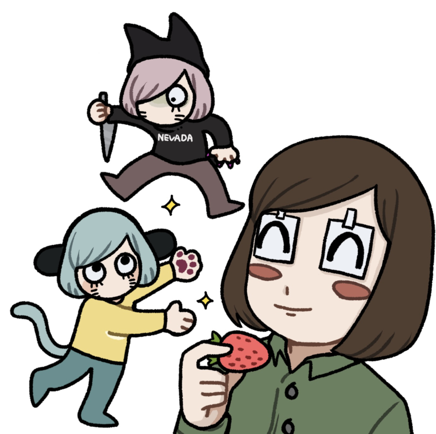 3boys animal_hands animal_hat black_eyes blue_hair blush_stickers brown_hair cat_boy cat_hat cat_tail claws commentary_request facial_mark food fruit green_shirt hat highres holding holding_food holding_fruit holding_knife knife luther_von_ivory male_focus multiple_boys nyen_(randal&#039;s_friends) nyon_(randal&#039;s_friends) pink_hair randal&#039;s_friends riokku_heya shirt short_hair simple_background strawberry tail taped_note whisker_markings white_background
