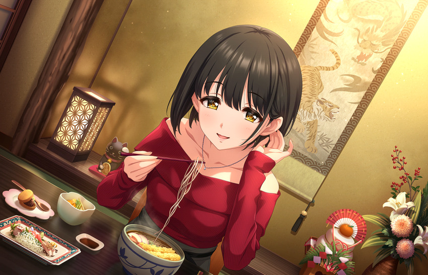 1girl black_hair bowl cat chopsticks dragon flower food game_cg hair_behind_ear holding idolmaster idolmaster_cinderella_girls idolmaster_cinderella_girls_starlight_stage jewelry lantern necklace noodles official_art open_mouth plant plate potted_plant solo spoon table takafuji_kako tiger yellow_eyes