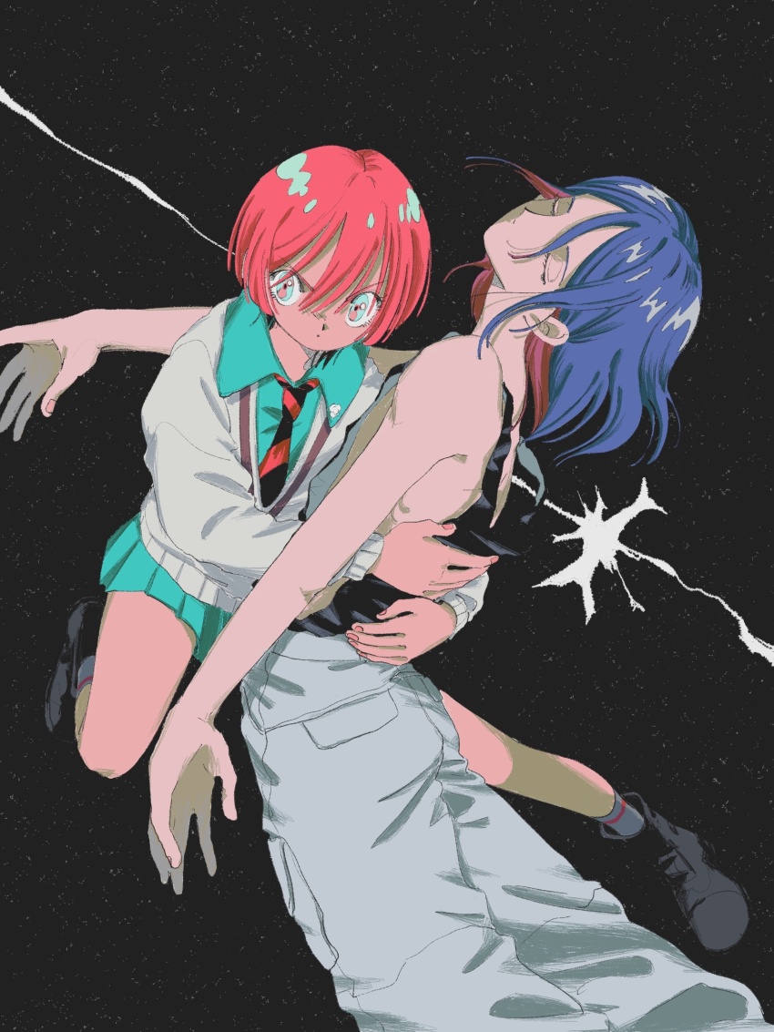 1boy 1girl amate_yuzuriha aqua_eyes aqua_shirt aqua_skirt black_background blue_hair cardigan closed_eyes collared_shirt colored_inner_hair gundam gundam_gquuuuuux highres hug looking_at_viewer miniskirt multicolored_hair necktie pants pleated_skirt red_hair retro_artstyle school_uniform shirt short_hair shuji_ito skirt socks soduya tank_top unconscious v-shaped_eyebrows white_cardigan